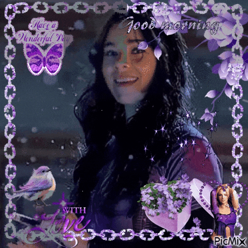 a picture of a woman with purple flowers and a butterfly says good morning