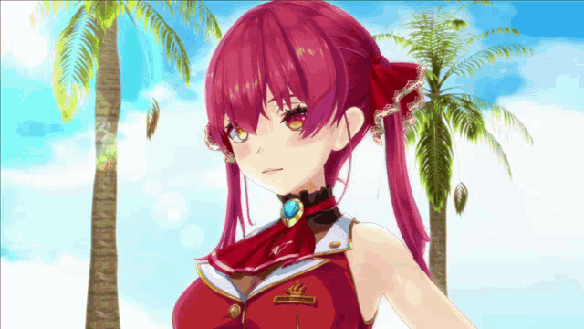 a girl with red hair is standing in front of two palm trees
