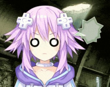 a cartoon character with purple hair and a speech bubble