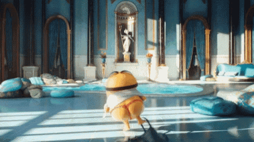 a cartoon character is standing in a room with a pool
