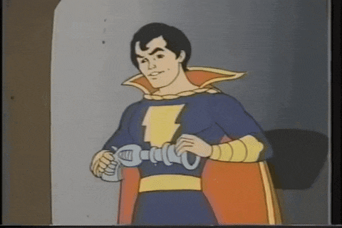 a cartoon of a man in a cape with a lightning bolt on his chest