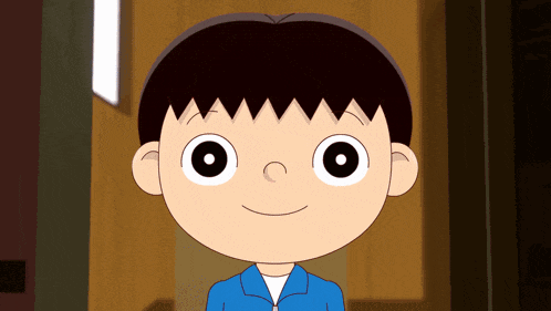 a cartoon boy with big eyes and a blue jacket