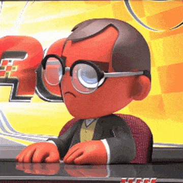a cartoon character wearing glasses and a suit is sitting at a table