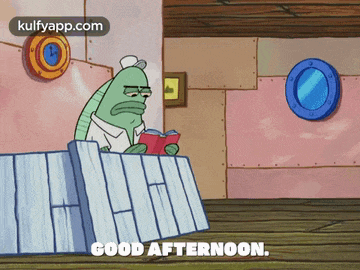 a cartoon of spongebob reading a book with the words good afternoon below him