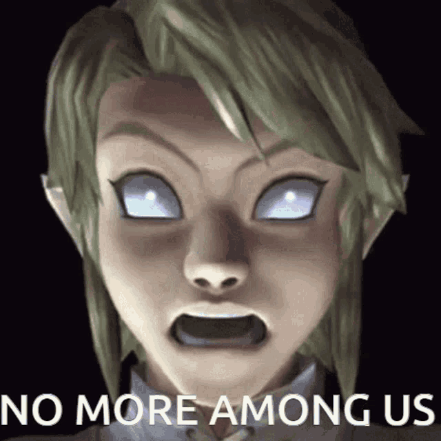 a video game character with glowing eyes and the words `` no more among us '' written on the bottom .