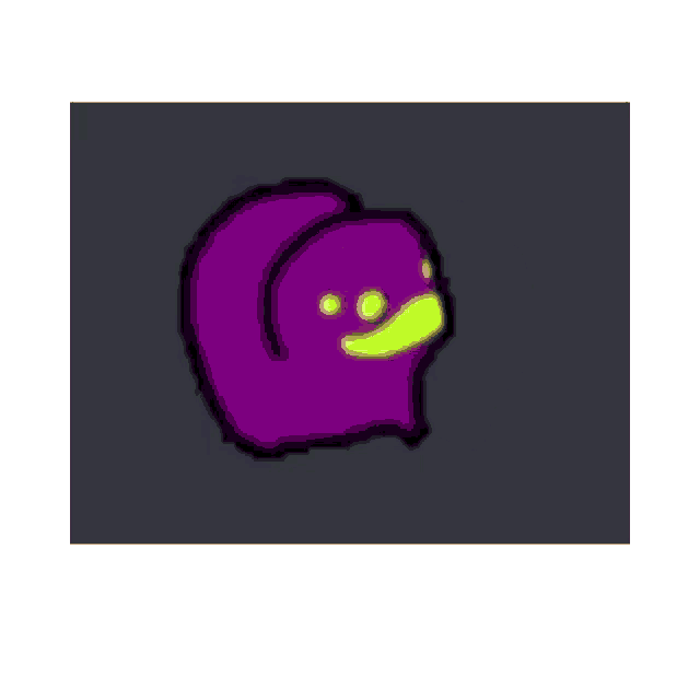 a purple duck with a yellow beak is standing on a dark background .