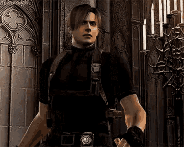 leon scott kennedy from resident evil 4 is standing in a room with candles on the wall .