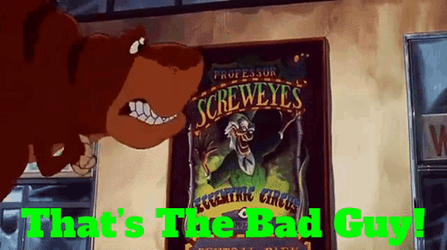 a cartoon character is standing in front of a poster that says screweyes