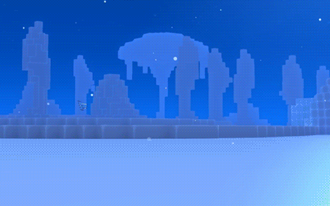 a pixel art drawing of a robot in a snowy area