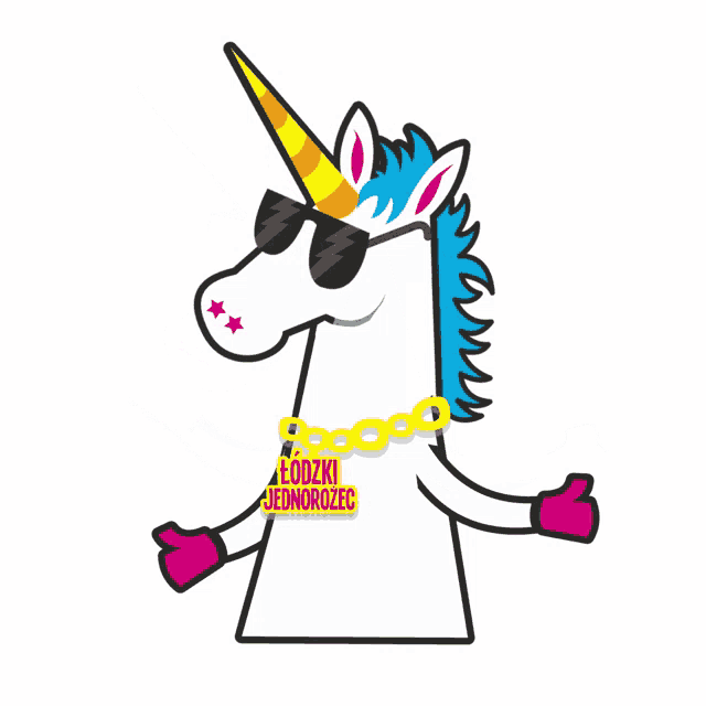 a cartoon unicorn wearing sunglasses and a chain around its neck has lodzki jednorozec written on it