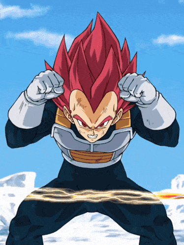 a cartoon character with red hair and white gloves stands in front of a blue sky