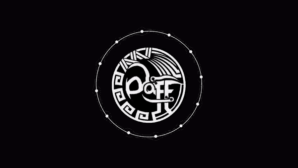 a white logo in a circle with a black background