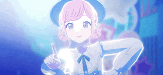 a girl with pink hair is wearing a blue and white outfit and a hat .