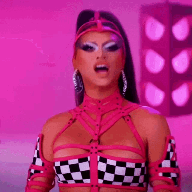 a drag queen is wearing a pink and white checkered top and a pink harness .