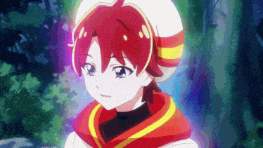 a close up of a anime character with red hair and a hat