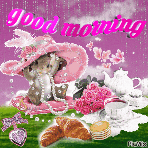 a picture of a teddy bear wearing a pink hat with the words good morning