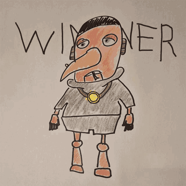 a child 's drawing of a robot with the word winner above it