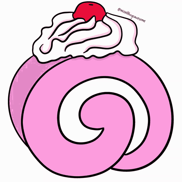 a cartoon drawing of a pink swirl with whipped cream and a cherry on top