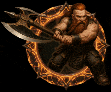 a man with a beard is holding a large axe in front of a fire circle
