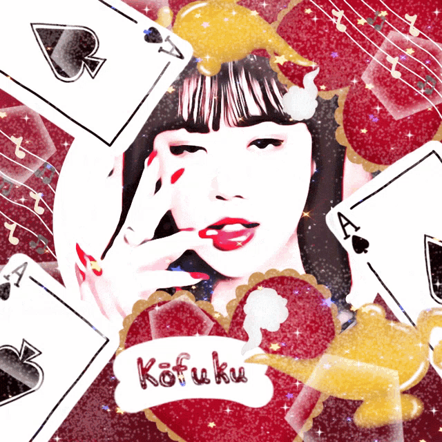 a woman surrounded by playing cards with the name kofuku on the bottom
