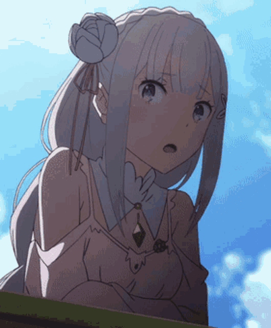 a girl with white hair is wearing a pink dress and a green pendant