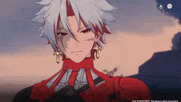 a man with white hair and red stripes on his face is wearing a red jacket and earrings in a video game .
