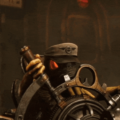 a cartoon character with a helmet on is giving the peace sign with his hands
