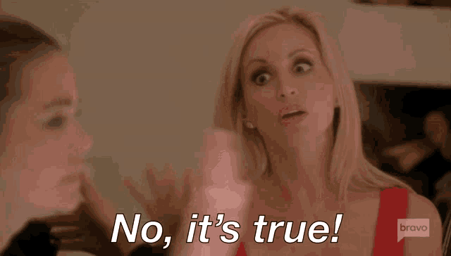 a woman in a red dress is saying no it 's true .