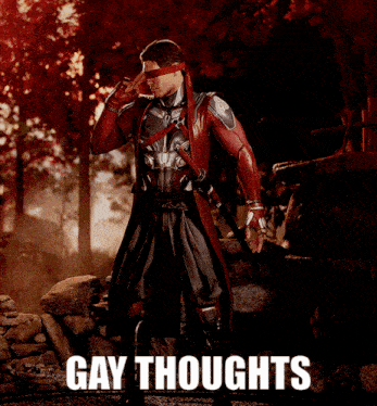 a man in a samurai costume with the words gay thoughts below him