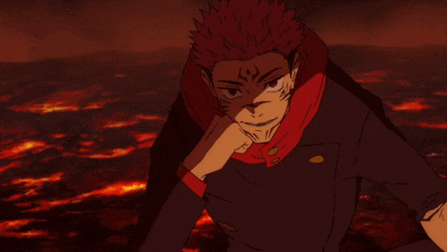 a man with red hair and a scarf around his neck is standing in front of lava