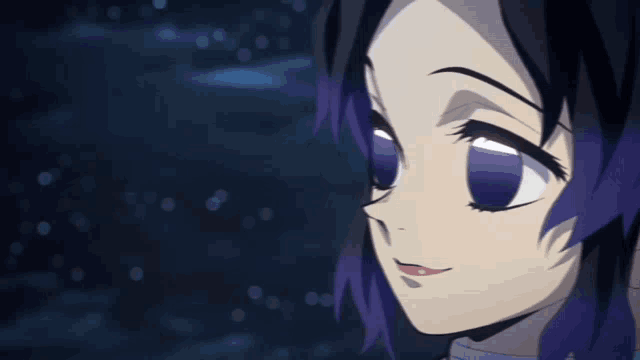 a close up of a girl with purple hair and big eyes