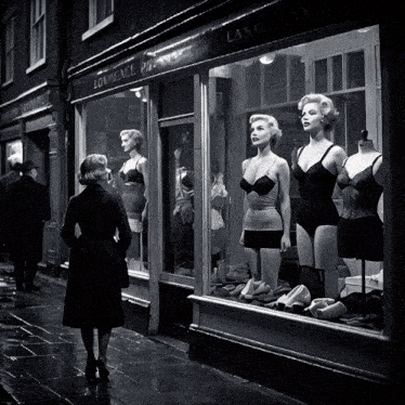 a woman stands in front of a clothing store called lang and son