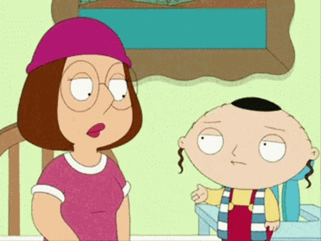 a cartoon of meg and stewie from family guy standing next to each other