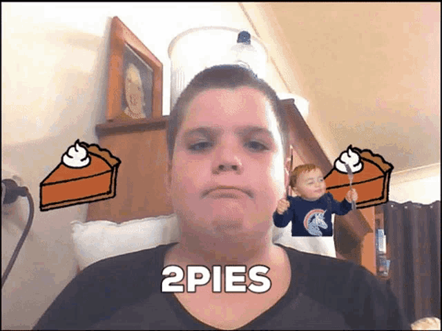 a boy with a slice of pumpkin pie on his head and the words " 2 pies " below him