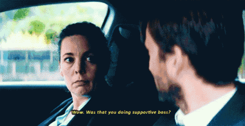 a man and a woman are sitting in a car and the woman is asking the man was that you doing supportive boss
