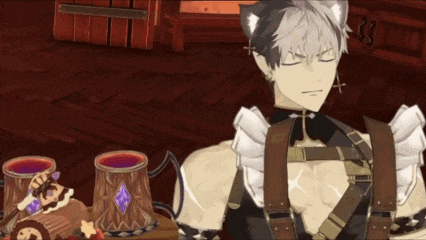 a man with a cat ear is standing in front of a table with two mugs on it