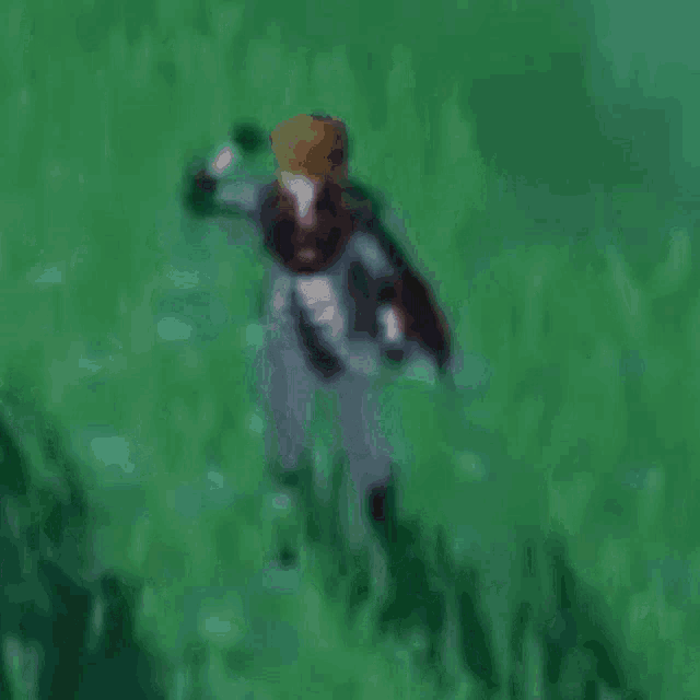a blurred image of a person standing in the grass with their arms outstretched .