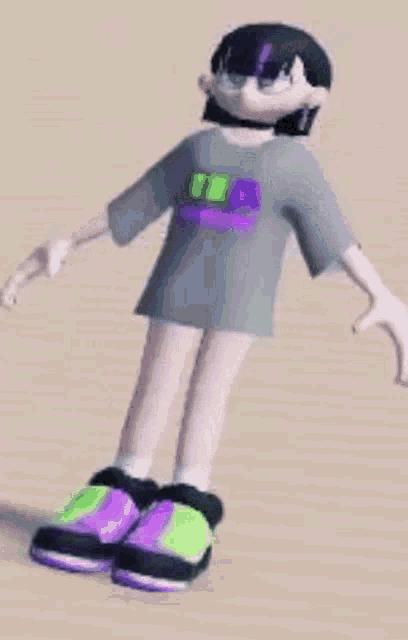 a cartoon girl is standing on a wooden floor wearing a t-shirt and purple and green shoes .