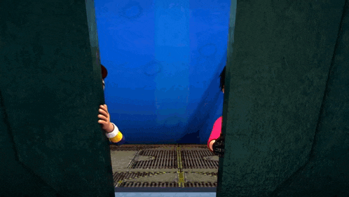 two cartoon characters looking out of a doorway