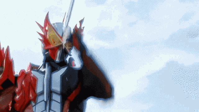 a cartoon character is holding a sword in front of a cloudy sky