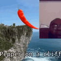 a red pepper is flying over a cliff with the words pepper on a cliff below it .
