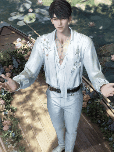 a man in a white shirt and white pants stands on a wooden deck