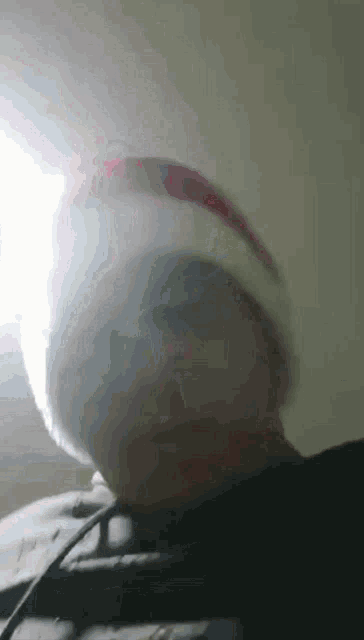 a person wearing a santa hat with a red stripe on it