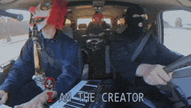 a man in a mask sings i am the creator in a car