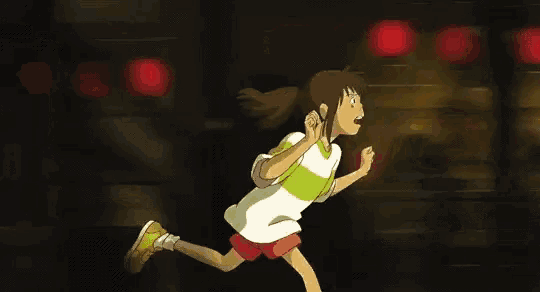 a cartoon girl is running in a dark room with red lights behind her .