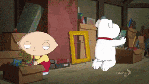 a cartoon character named stewie griffin is standing next to a white dog in a room full of boxes