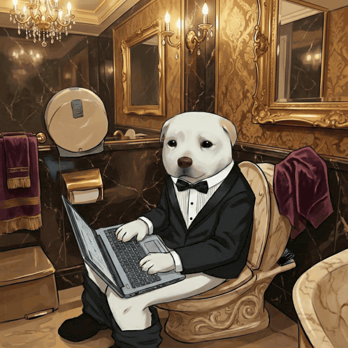 a white dog in a tuxedo is sitting on a toilet using a laptop