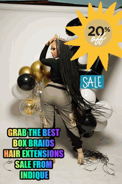 a woman with braids is standing in front of balloons and a sign that says 20 % off
