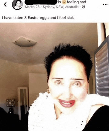 a picture of a woman with a caption that says ' i have eaten 3 easter eggs and i feel sick '