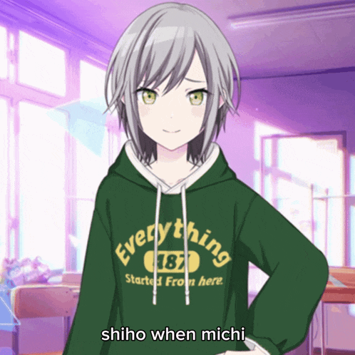 a girl is wearing a green hoodie that says everything started from here